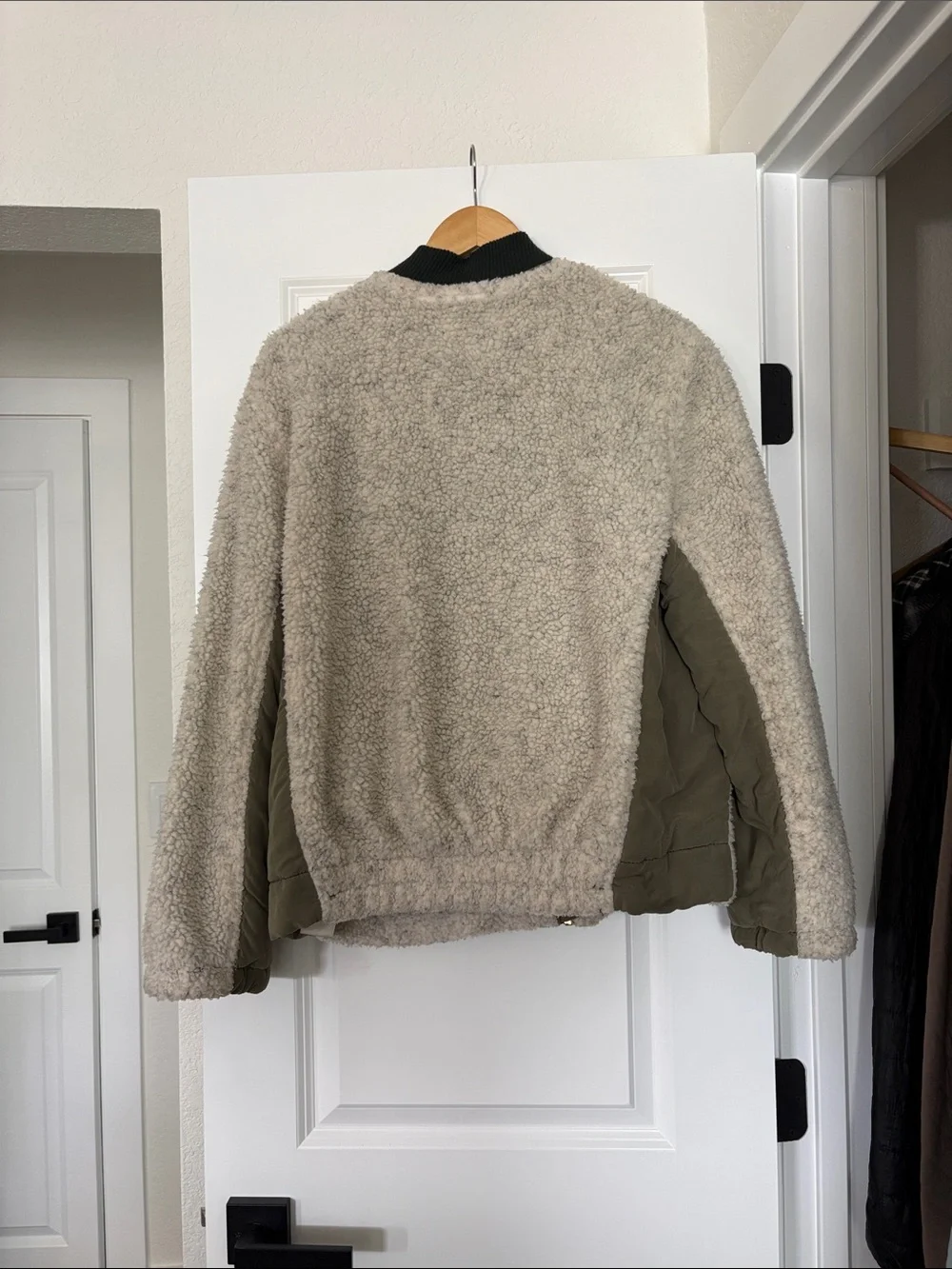 Free People Cream Sherpa Bomber Jacket with Olive Accents